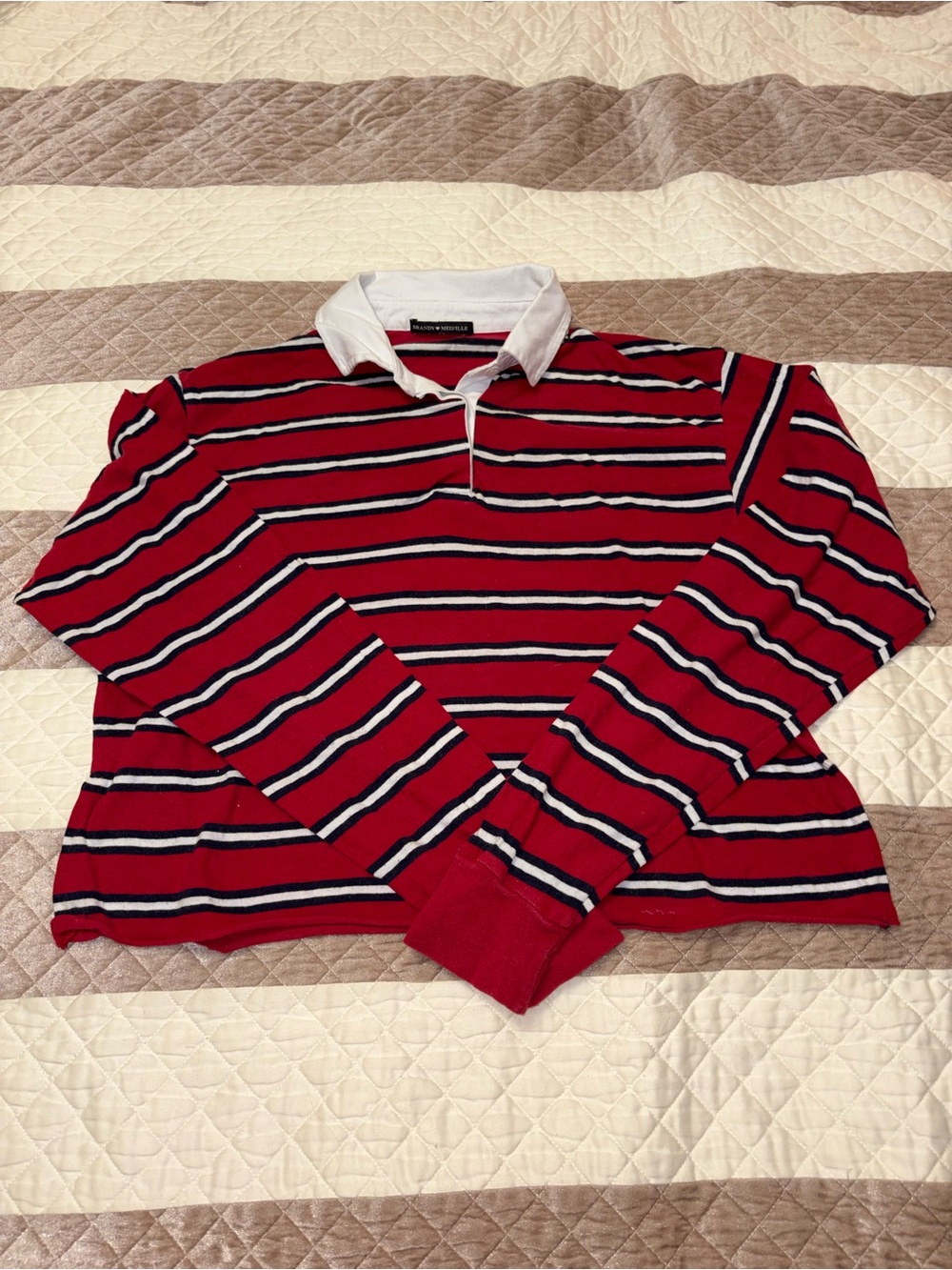 Brandy Melville Red Striped Polo Top with White Collar